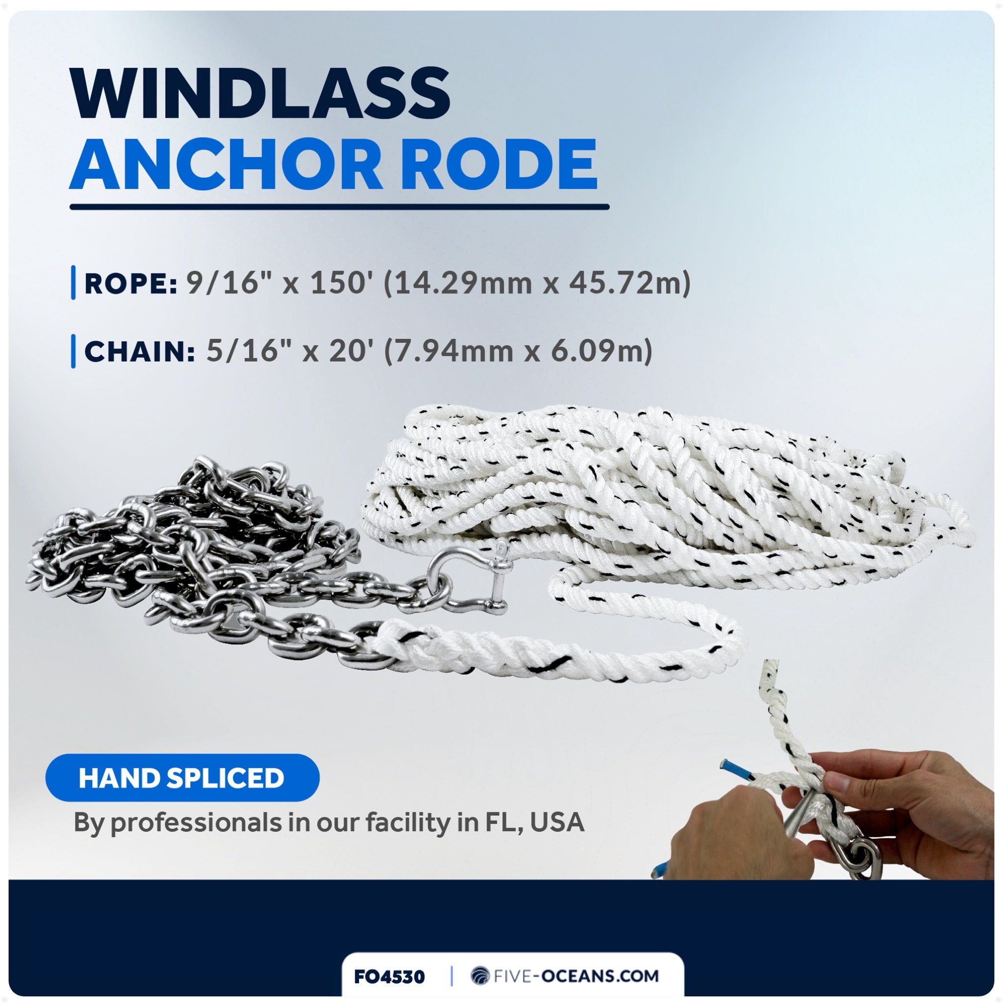 Windlass Anchor Rode, 9/16" x 150' Nylon 3-Strand Rope, 5/16 x 20' G4 Stainless Steel Chain - FO4530 - Five Oceans
