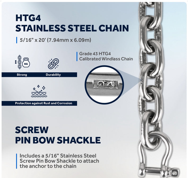 Windlass Anchor Rode, 9/16" 3-Strand Rope with 5/16" HTG4 Stainless Steel Chain - Five Oceans
