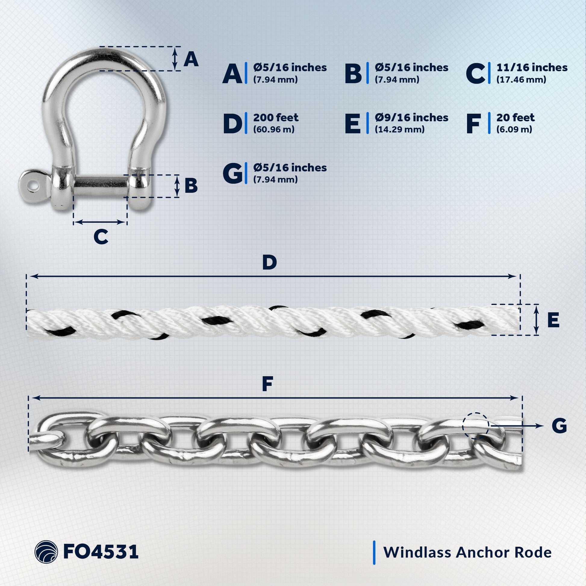 Windlass Anchor Rode, 9/16" x 200' Nylon 3-Strand Rope, 5/16 x 20' G4 Stainless Steel Chain - FO4531 - Five Oceans