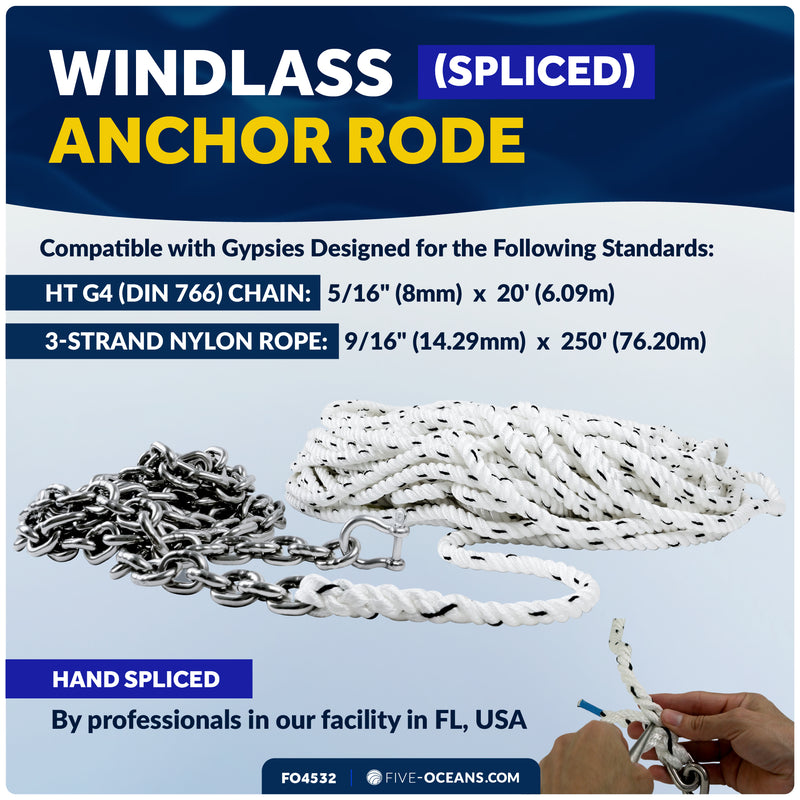 Windlass Anchor Rode - 9/16" x 250' 3-Strand Rope & 5/16" x 20' HTG4 Stainless Steel Chain, Hand-Spliced