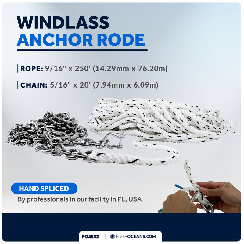 Windlass Anchor Rode, 9/16"x250' Rope with 5/16"x20' G4 Stainless Steel Chain - FO4532 - Five Oceans