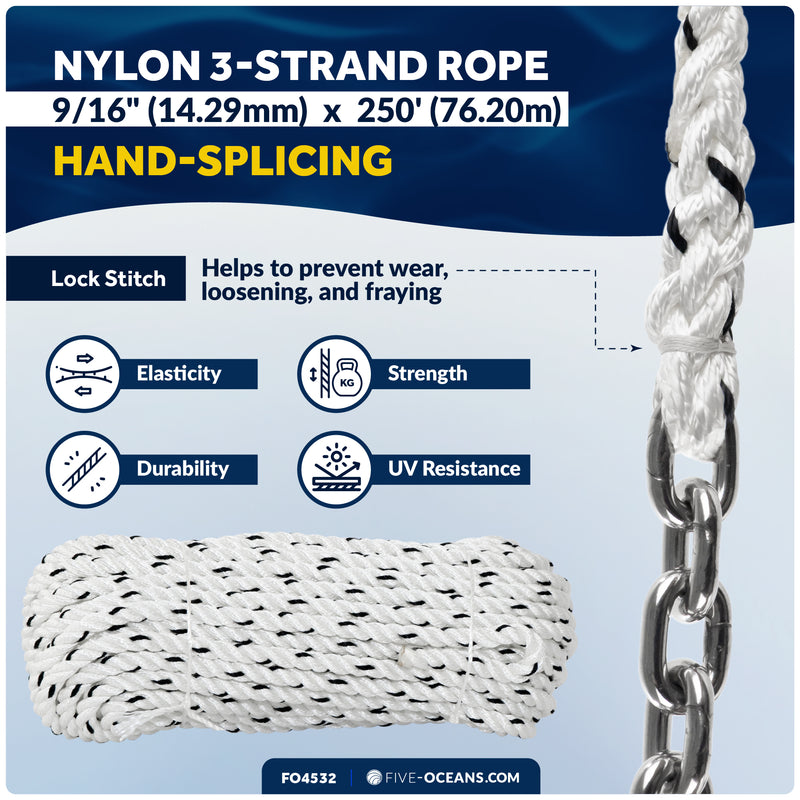 Windlass Anchor Rode - 9/16" x 250' 3-Strand Rope & 5/16" x 20' HTG4 Stainless Steel Chain, Hand-Spliced