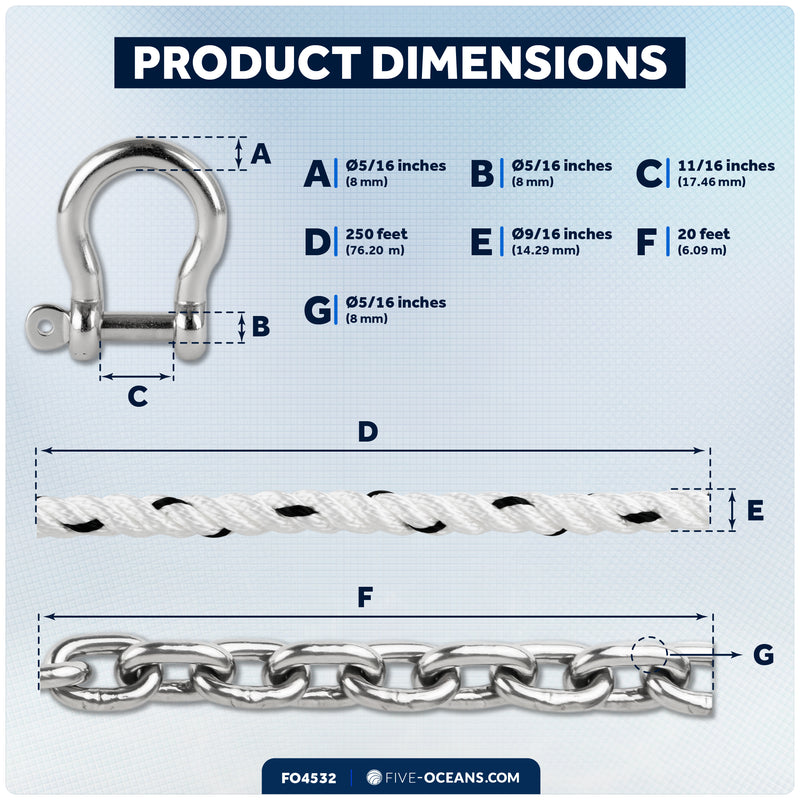 Windlass Anchor Rode - 9/16" x 250' 3-Strand Rope & 5/16" x 20' HTG4 Stainless Steel Chain, Hand-Spliced