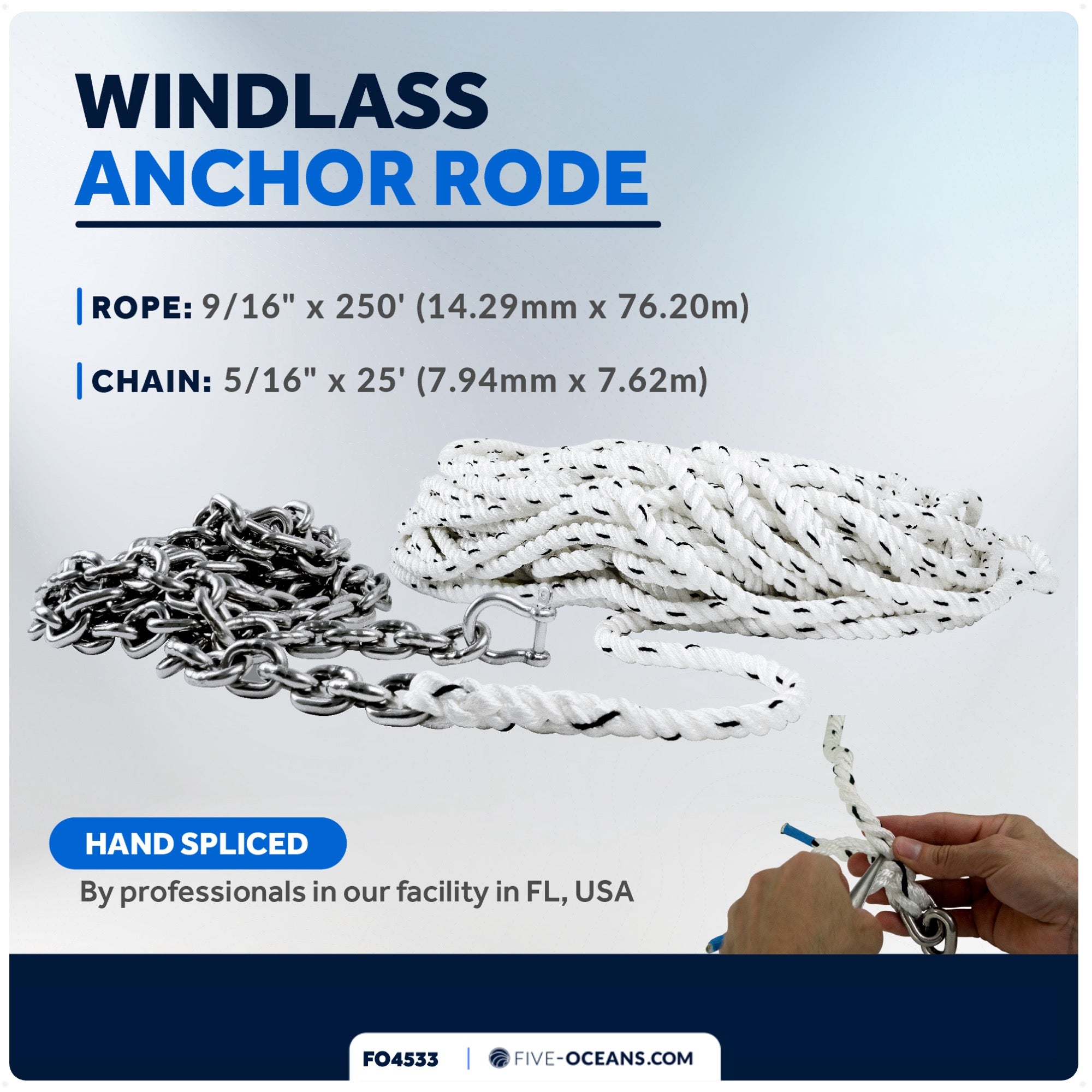 Windlass Anchor Rode, 9/16" x 250' Nylon 3-Strand Rope, 5/16" x 25' G4 Stainless Steel Chain - FO4533