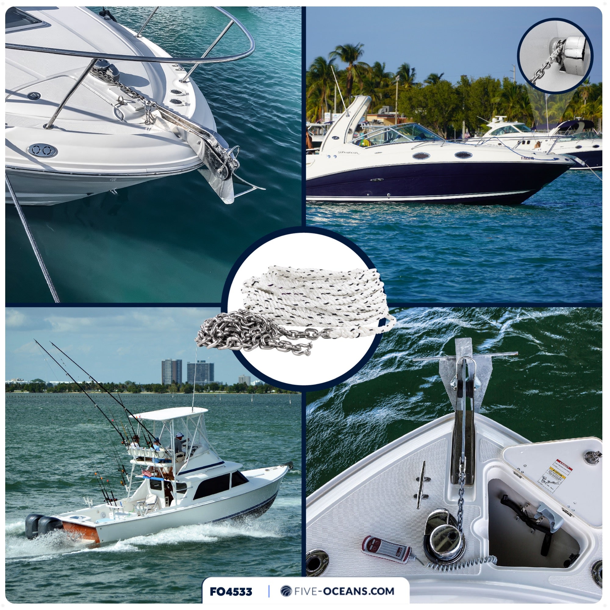 Windlass Anchor Rode, 9/16" x 250' Nylon 3-Strand Rope, 5/16" x 25' G4 Stainless Steel Chain - FO4533 - Five Oceans