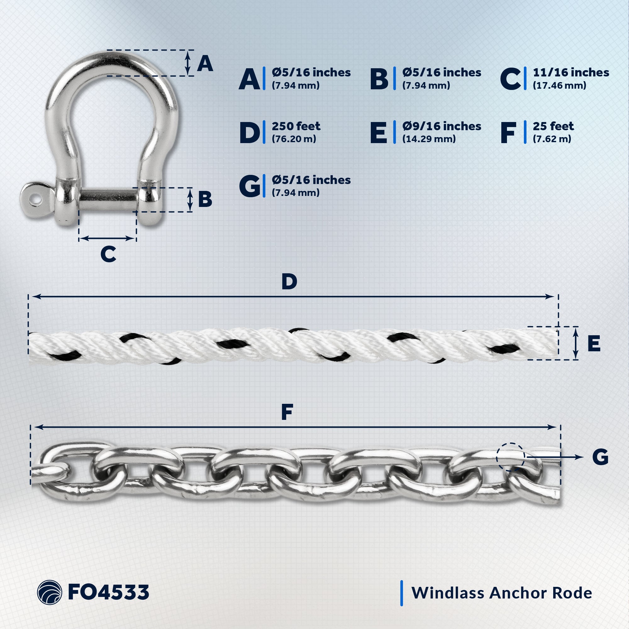 Windlass Anchor Rode, 9/16" x 250' Nylon 3-Strand Rope, 5/16" x 25' G4 Stainless Steel Chain - FO4533