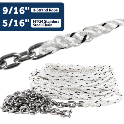 Windlass Anchor Rode, 9/16" 3-Strand Rope with 5/16" HTG4 Stainless Steel Chain - Five Oceans