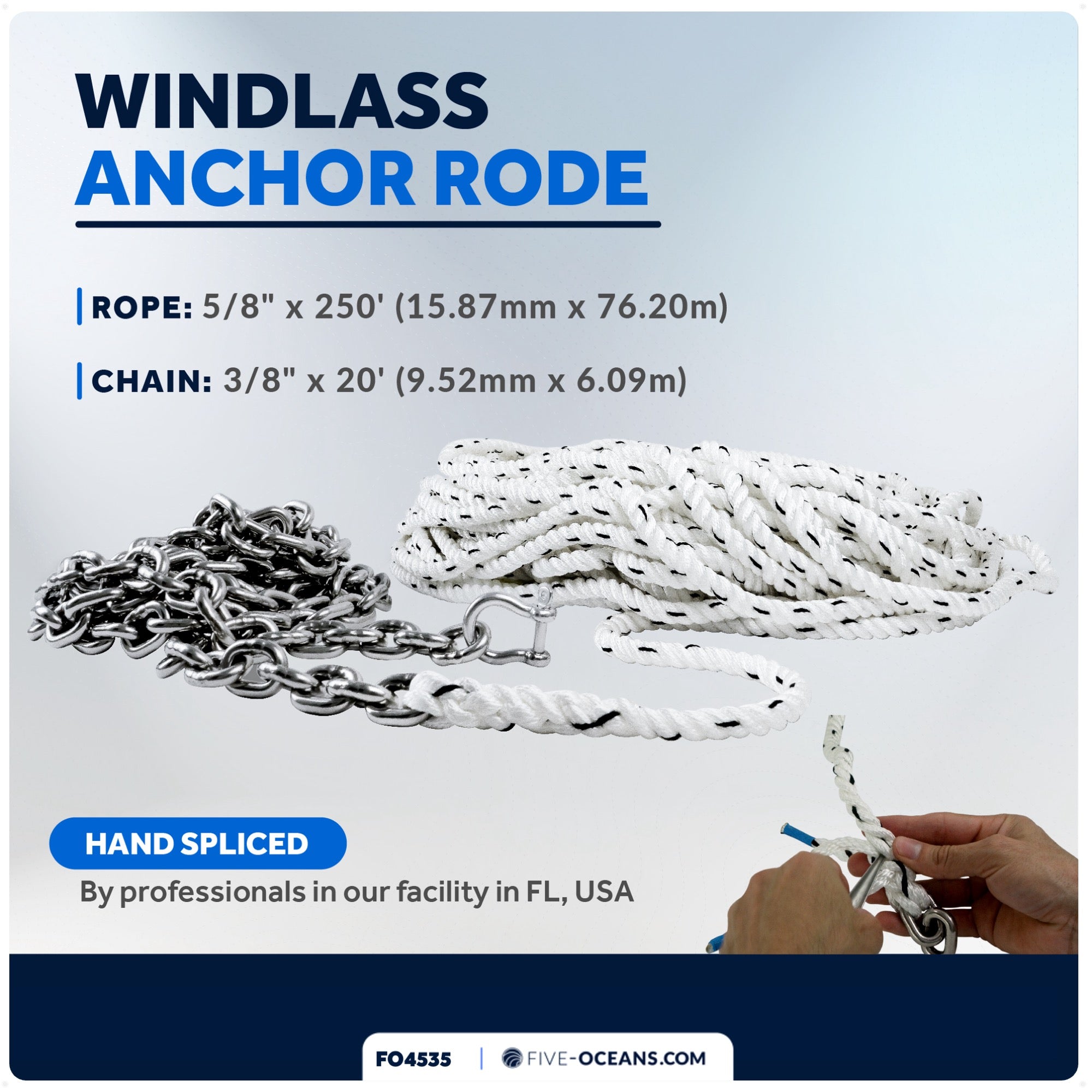 Windlass Anchor Rode, 5/8" x 250' Nylon 3-Strand Rope, 3/8" x 20' G4 Stainless Steel Chain - FO4535 - Five Oceans