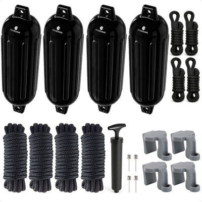Pontoon Docking Kit - Black Fenders with Dock Lines & Fender Clips, 4-Pack