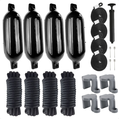 Pontoon Docking Kit - Black Fenders with Dock Lines & Fender Clips, 4-Pack