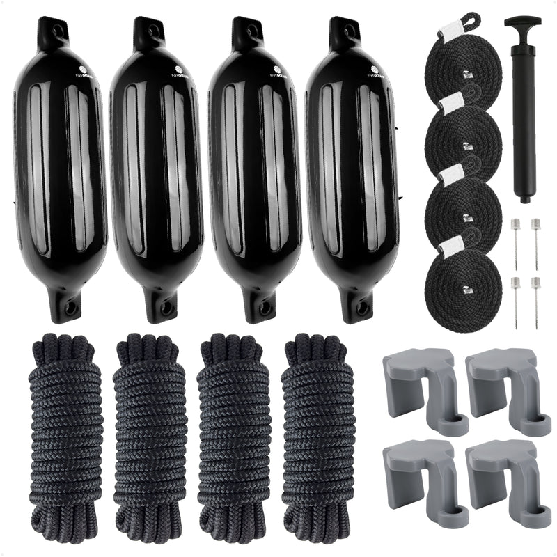 Pontoon Docking Kit - Black Fenders with Dock Lines & Fender Clips, 4-Pack