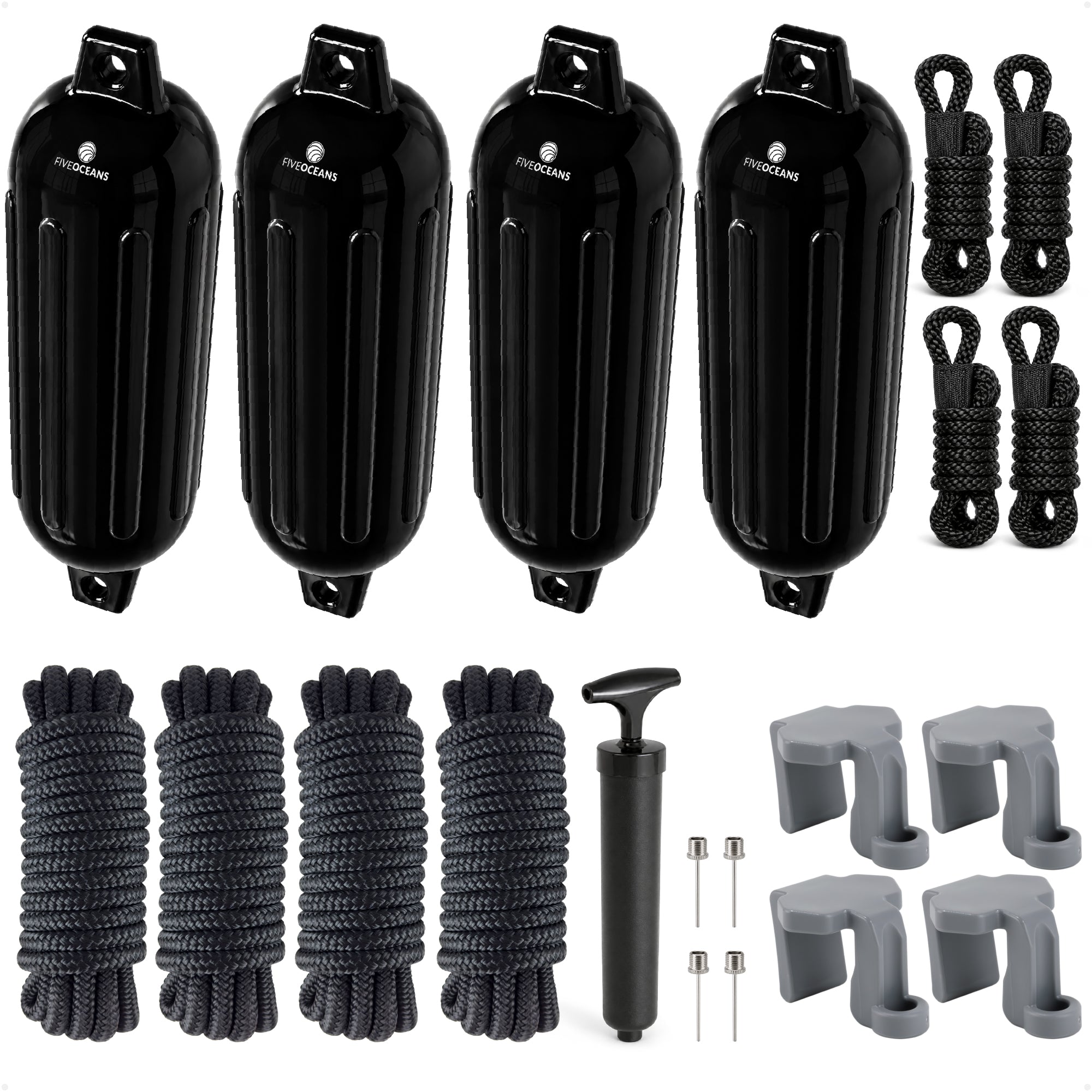 Pontoon Docking Kit - 4.5" x 16" Black Fenders with Dock Lines & Fender Clips, 4-Pack