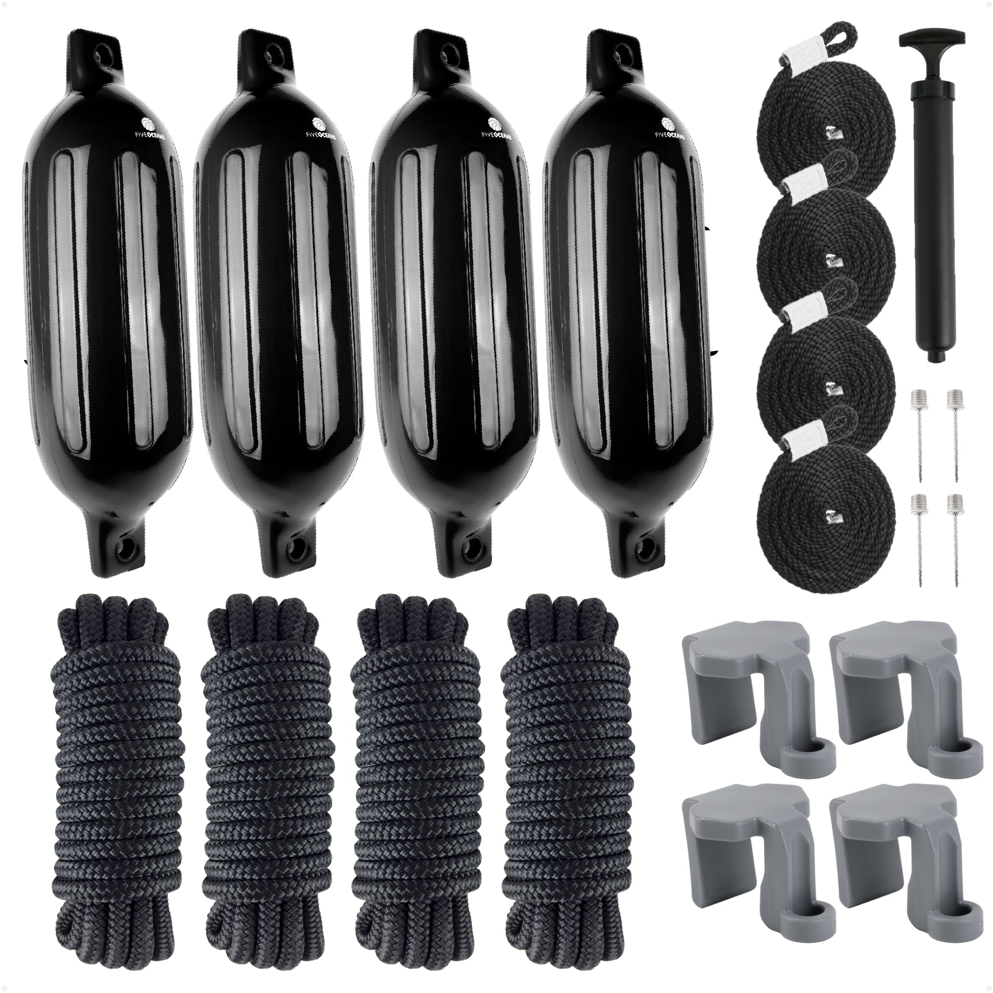Pontoon Docking Kit - 4.5" x 16" Black Fenders with Dock Lines & Fender Clips, 4-Pack