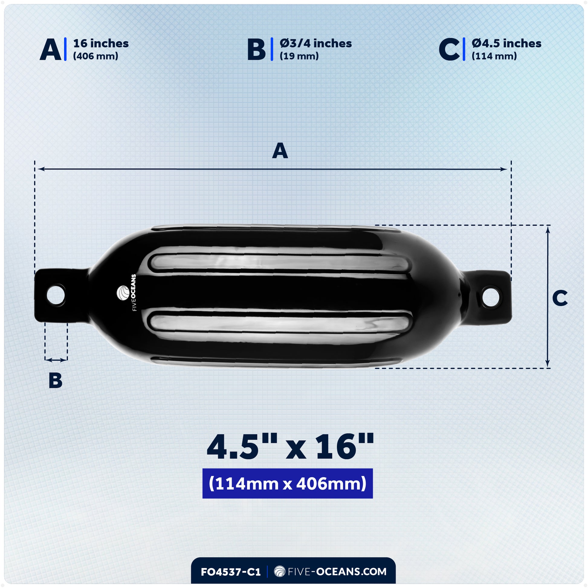 Pontoon Docking Kit - Inflatable Ribbed Fender, Black 4.5" x 16", Dock Lines and Fender Clips - FO4537-C1 - Five Oceans