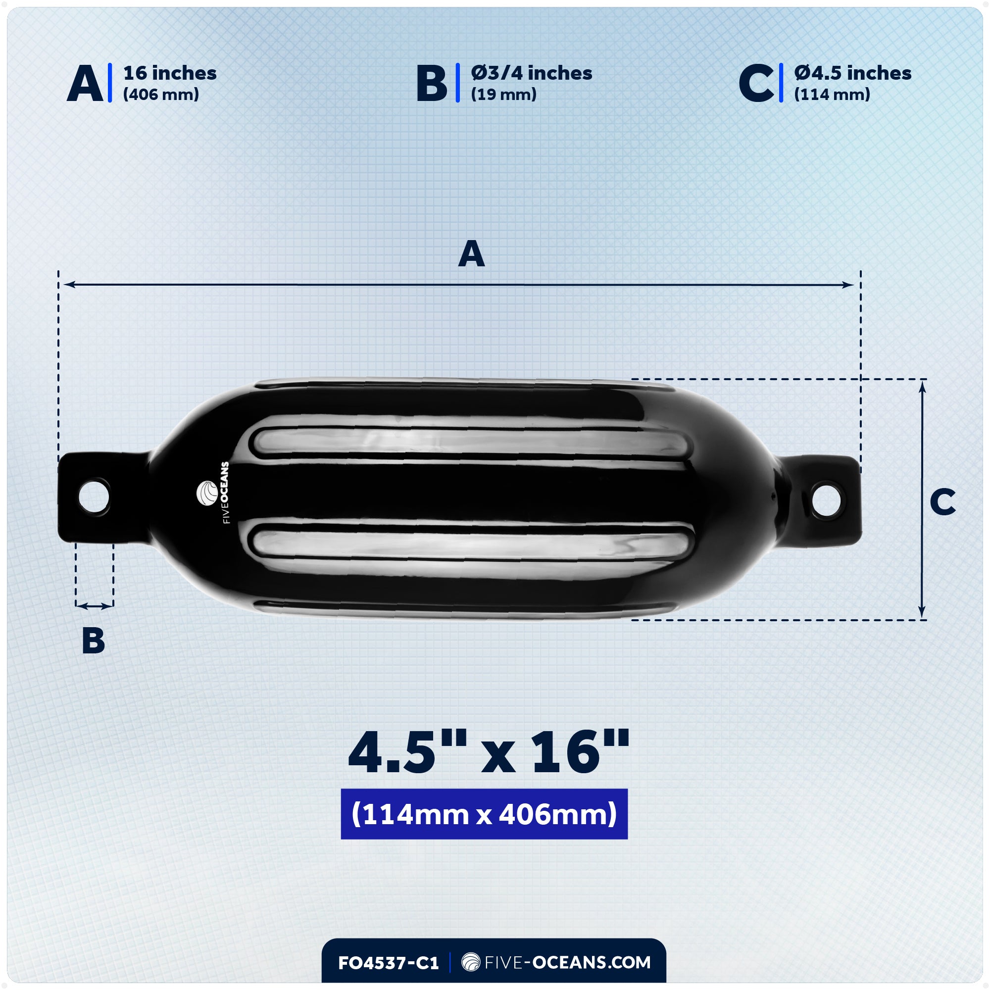Pontoon Docking Kit - Inflatable Ribbed Fender, Black 4.5" x 16", Dock Lines and Fender Clips - FO4537-C1 - Five Oceans