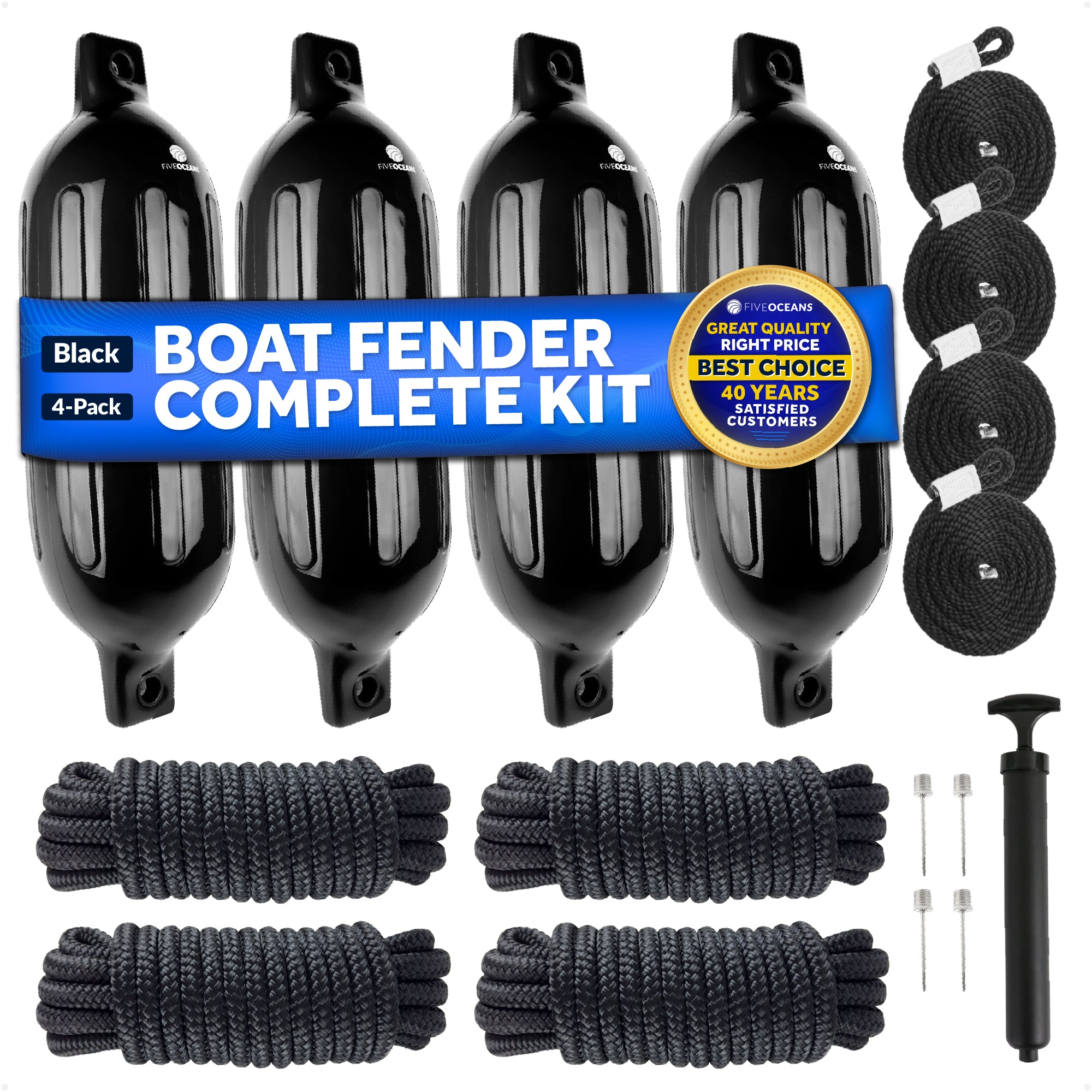 Boat Docking Kit - 4.5" x 16" Black Fenders & Dock Lines, 4-Pack - FO4537-C2 - Five Oceans