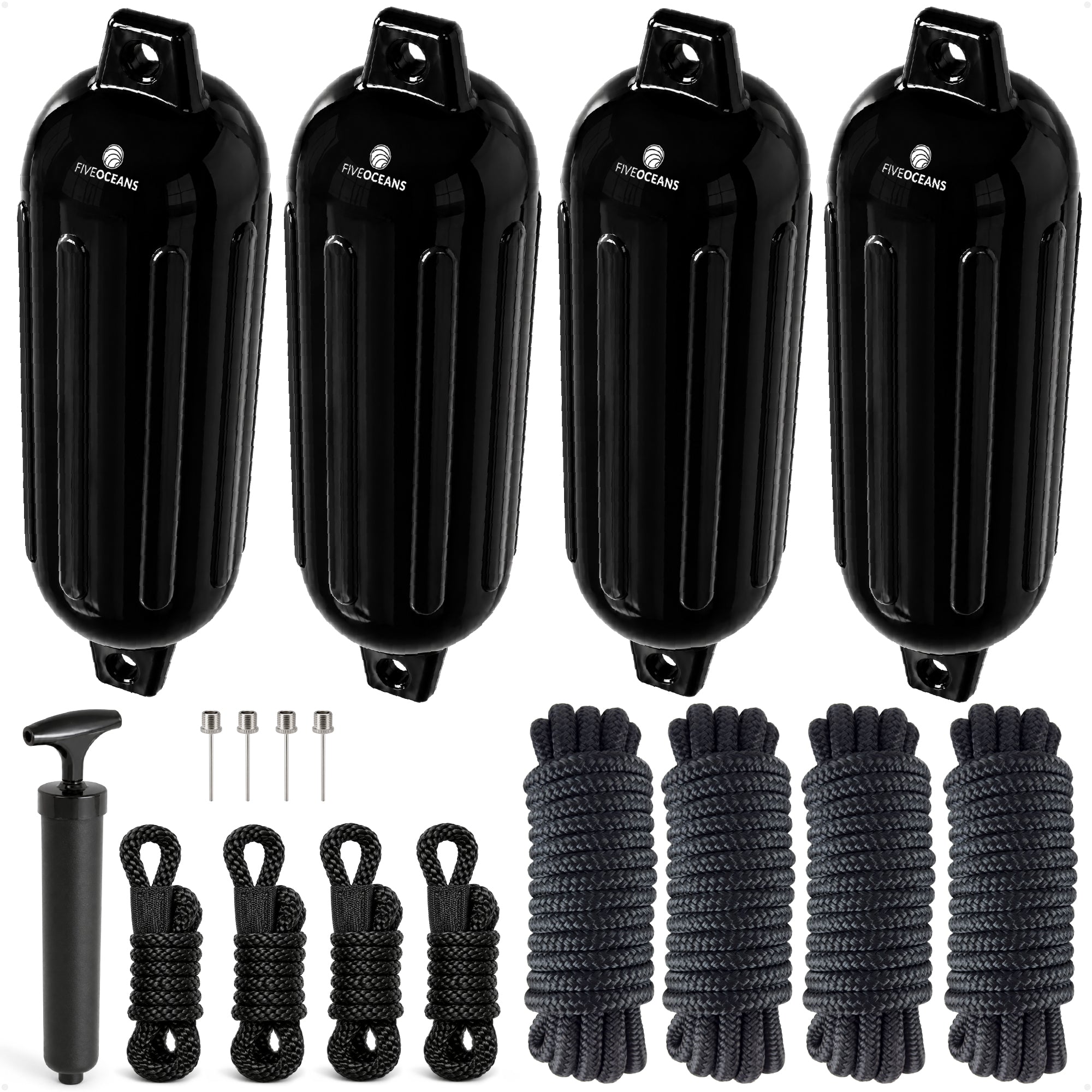 Boat Docking Kit - 4.5" x 16" Black Fenders & Dock Lines, 4-Pack
