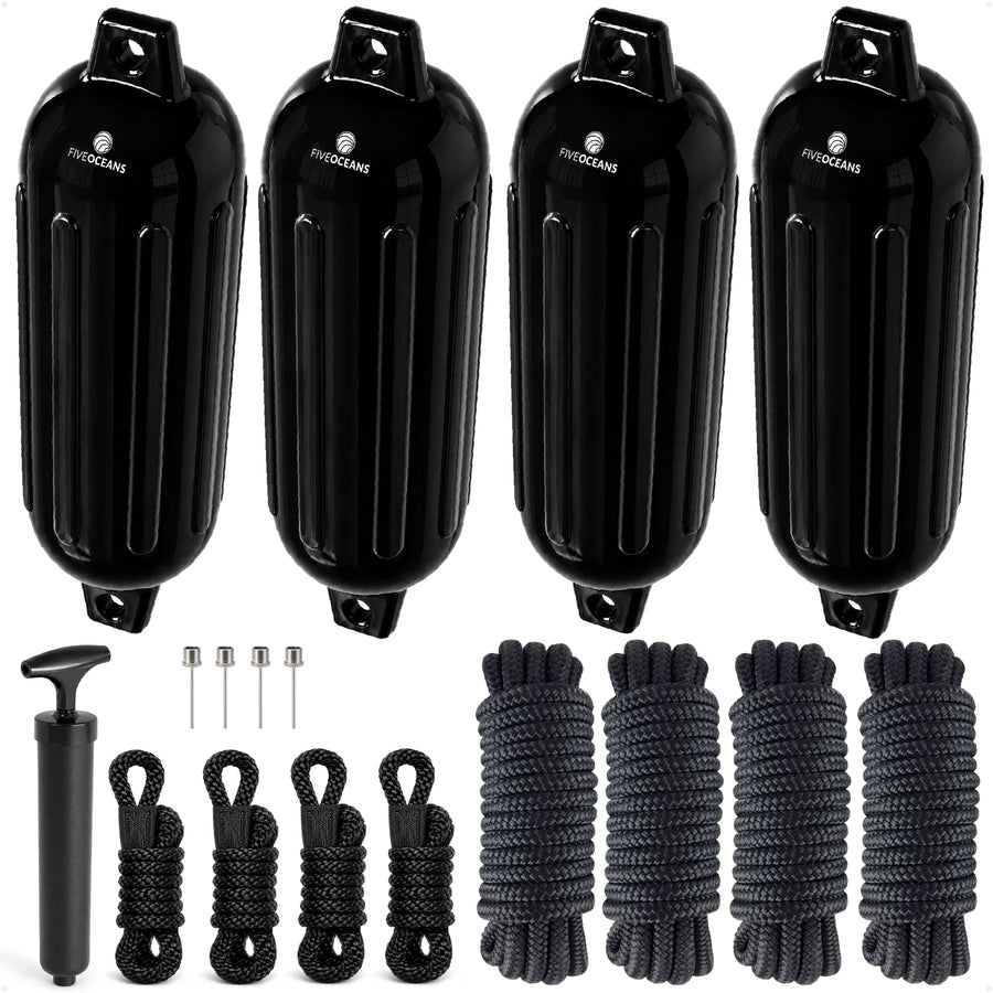 Boat Docking Kit - 4.5" x 16" Black Fenders & Dock Lines, 4-Pack