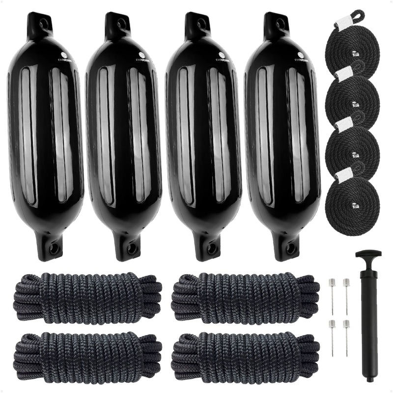 Boat Docking Kit - 4.5" x 16" Black Fenders & Dock Lines, 4-Pack