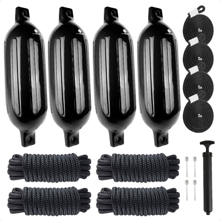 Boat Docking Kit - 4.5" x 16" Black Fenders & Dock Lines, 4-Pack