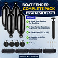 Boat Docking Kit - 4.5" x 16" Black Fenders & Dock Lines, 4-Pack
