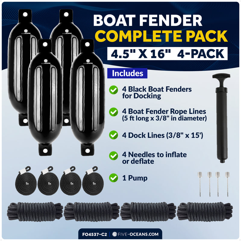 Boat Docking Kit - 4.5" x 16" Black Fenders & Dock Lines, 4-Pack