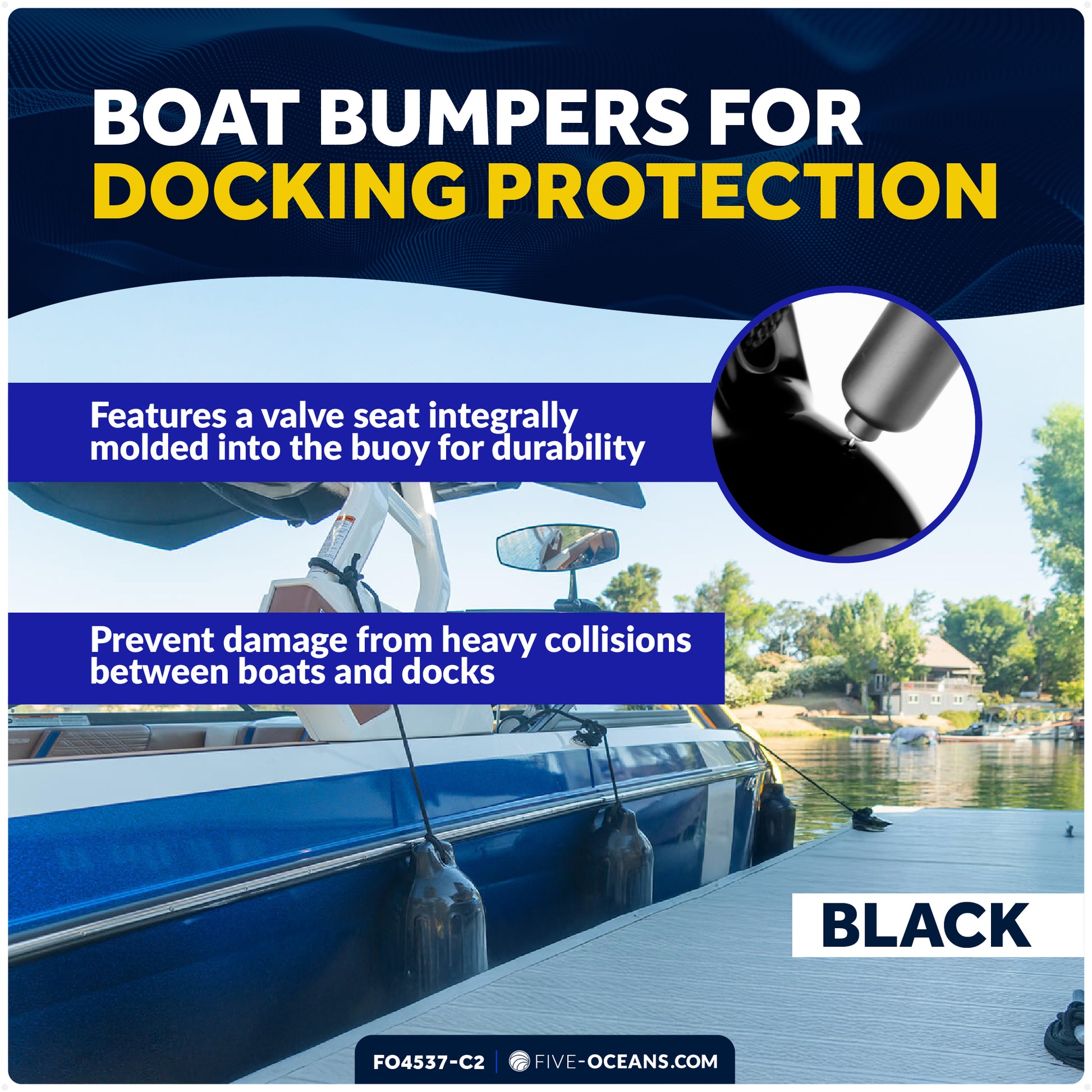 Boat Docking Kit - Inflatable Ribbed Fender, Black 4.5" x 16" and 3/8" x 15' Dock Lines - FO4537-C2 - Five Oceans