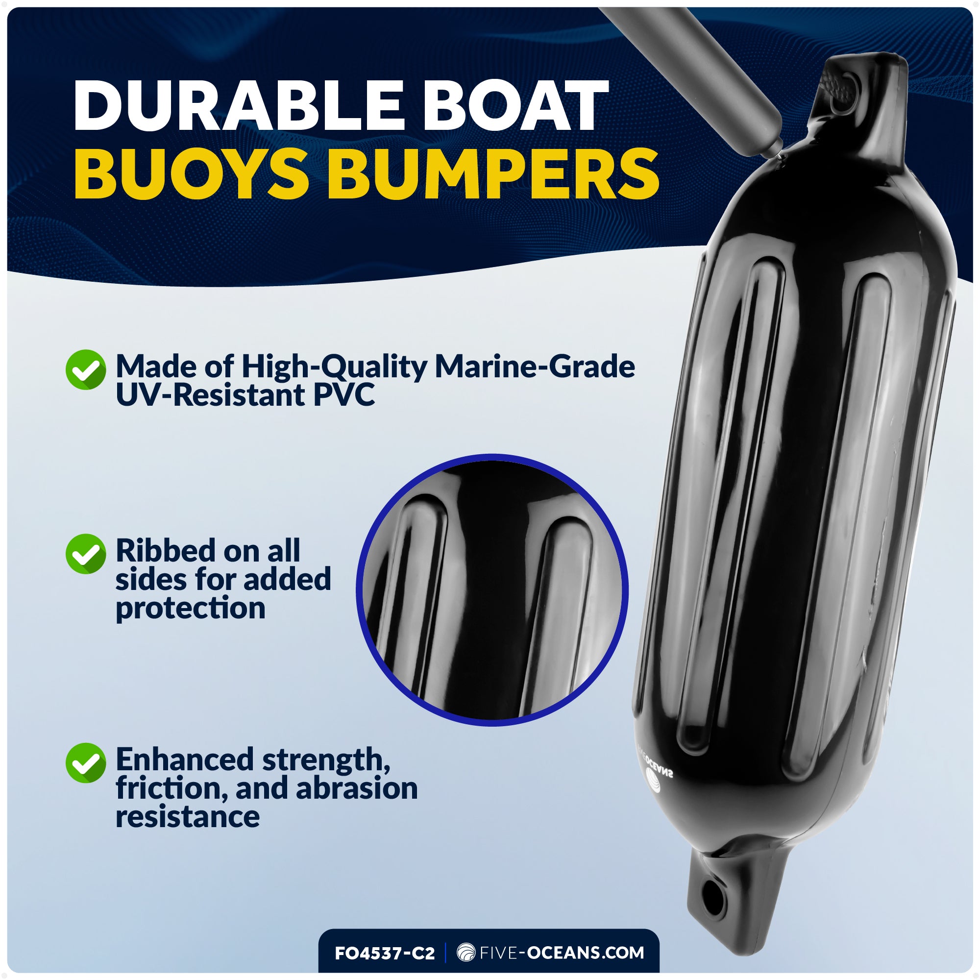 Boat Docking Kit - Inflatable Ribbed Fender, Black 4.5" x 16" and 3/8" x 15' Dock Lines - FO4537-C2 - Five Oceans