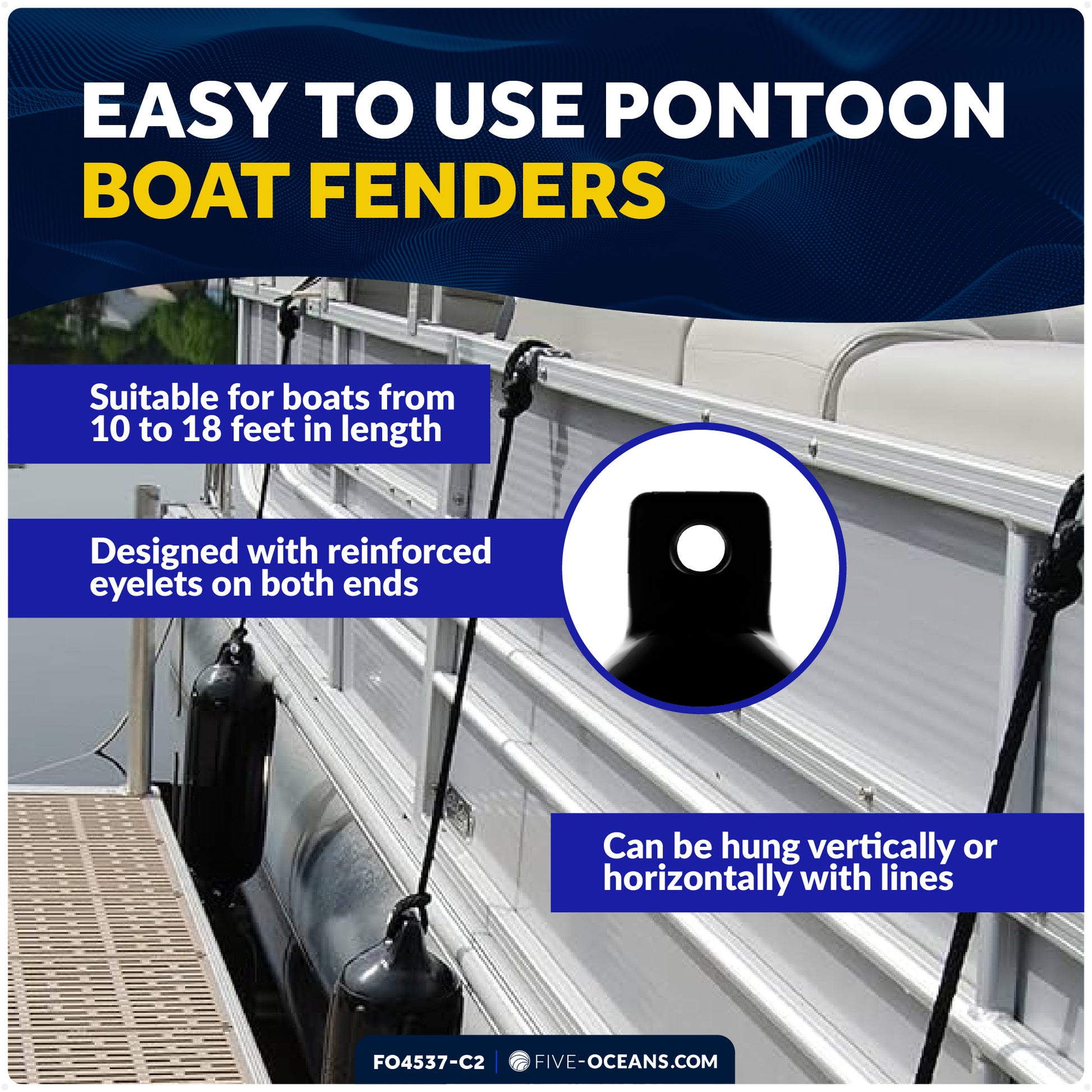 Boat Docking Kit - Inflatable Ribbed Fender, Black 4.5" x 16" and 3/8" x 15' Dock Lines - FO4537-C2 - Five Oceans