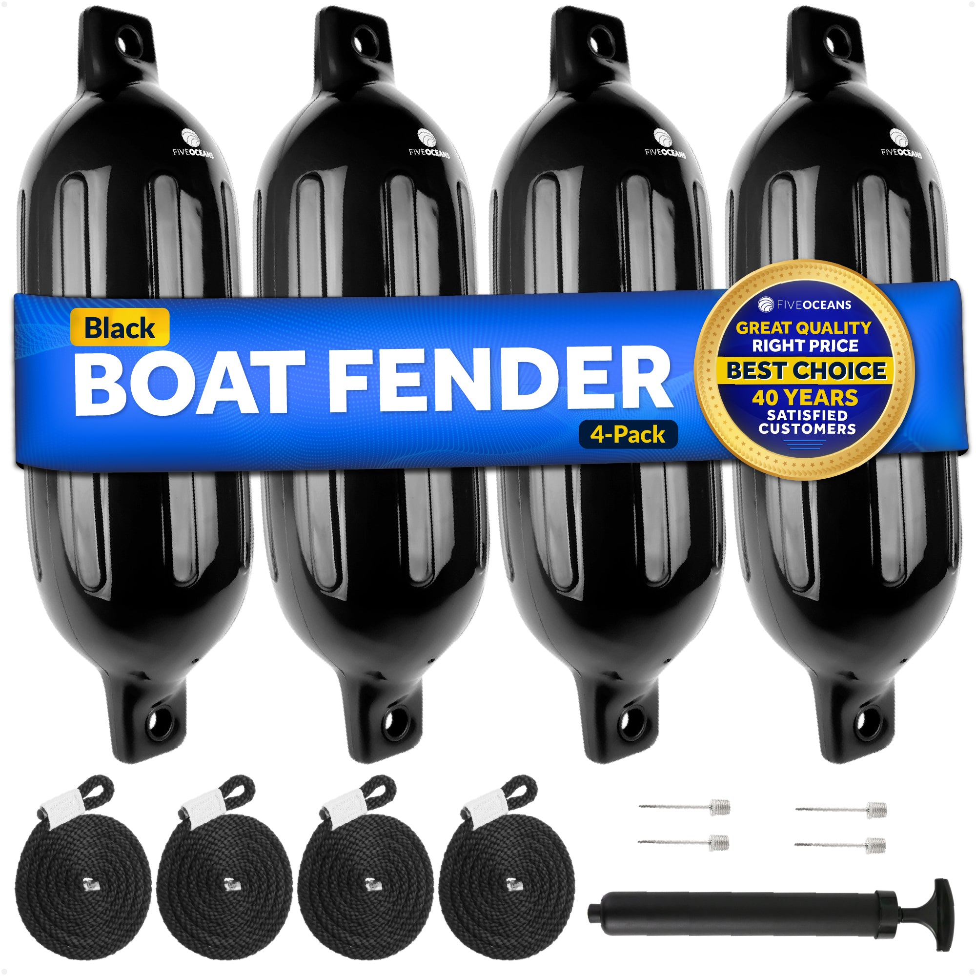 Inflatable Ribbed Boat Fenders - 4 Pack, Black, 4.5" x 16" - FO4544