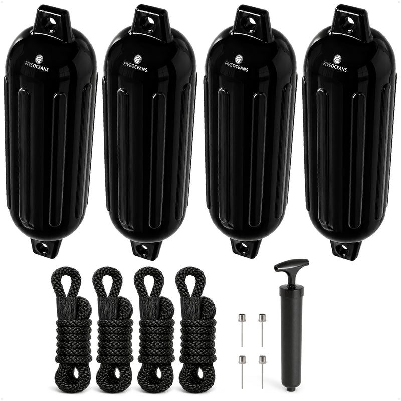 Inflatable Ribbed Boat Fenders, Black, 4-Pack