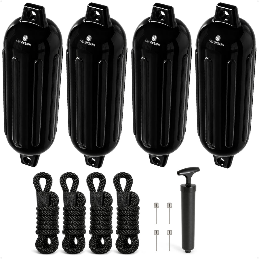 Inflatable Ribbed Boat Fenders, Black, 4-Pack