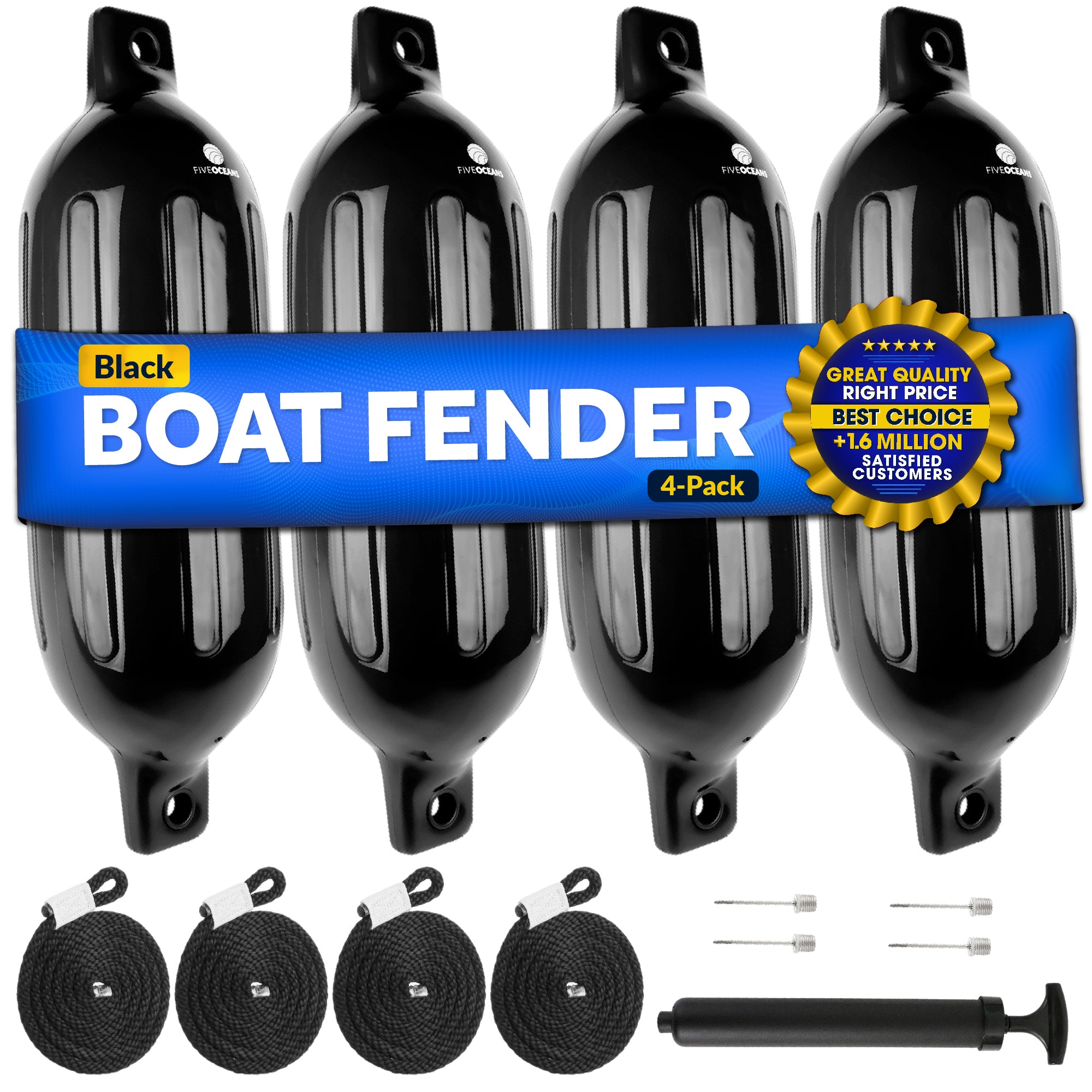 Boat Fenders, 4 Pack Black 4.5" x 16" - FO4537 - Five Oceans