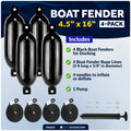 4.5" x 16" Inflatable Ribbed Boat Fenders, Black, 4-Pack