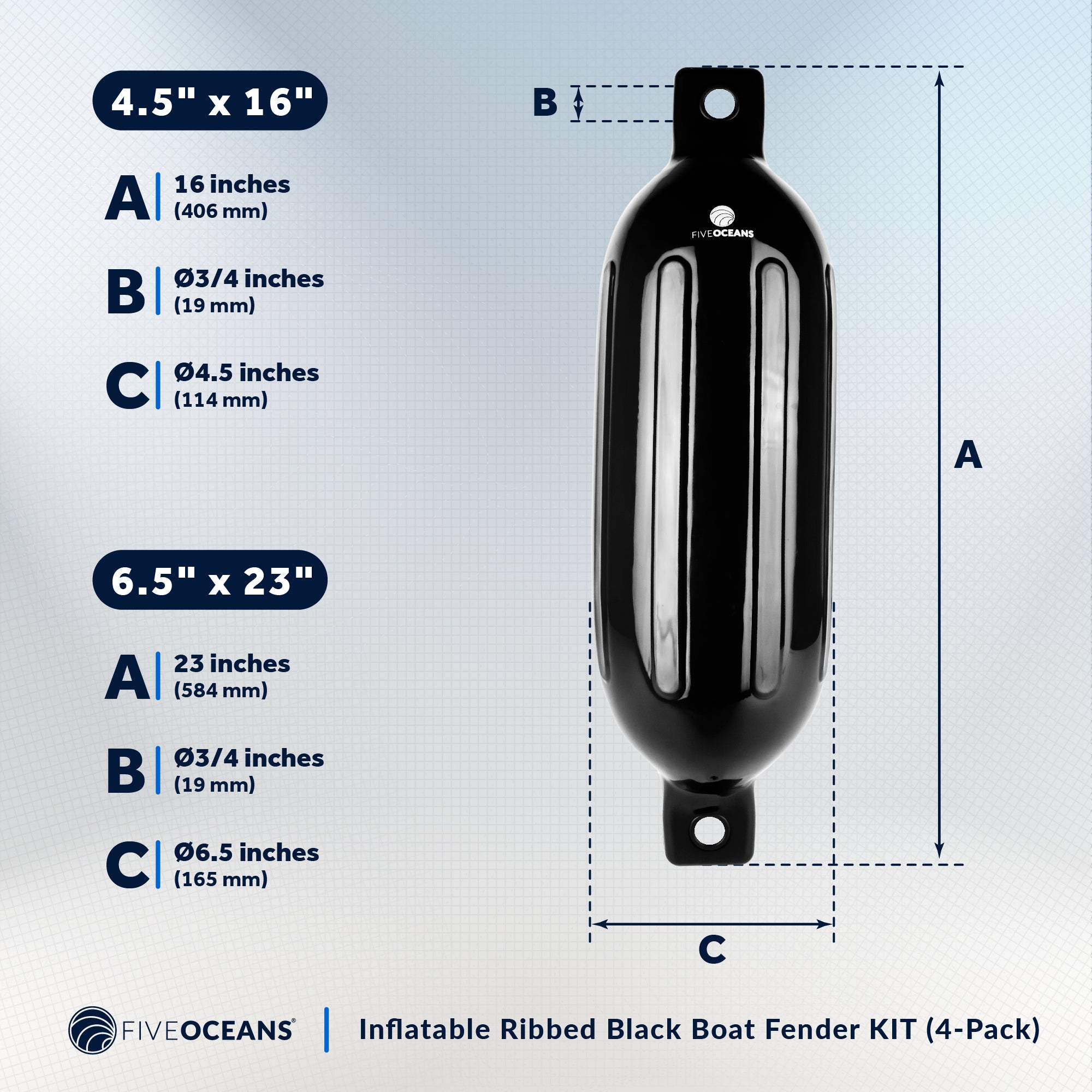 Boat Fenders, 4 Pack Black 4.5" x 16" - FO4537 - Five Oceans