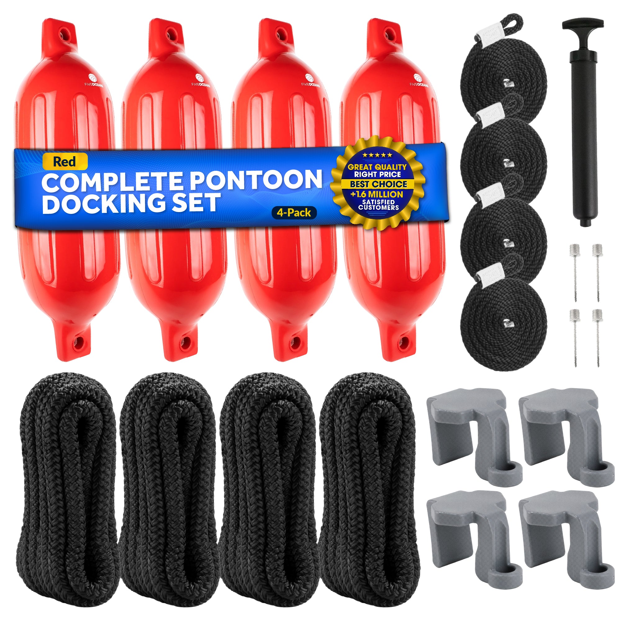 Boat Fenders Complete Set, Red 4.5" x 16", Includes Dock Lines and Fender Clips - FO4538-C1 - Five Oceans
