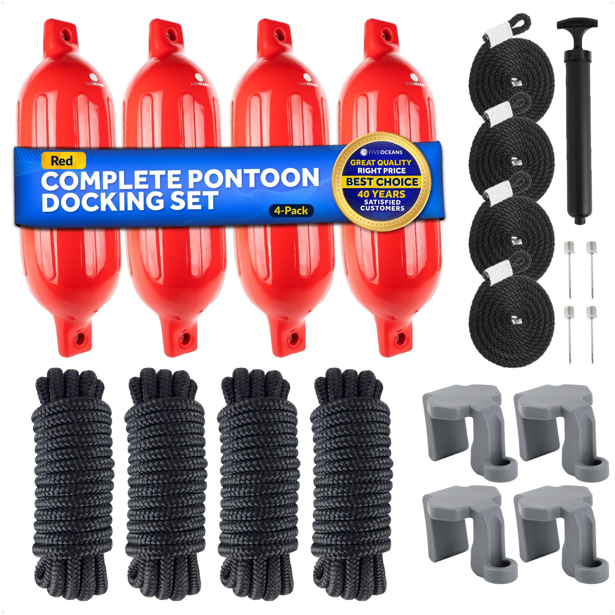 Inflatable Ribbed Boat Fender Kit, Red 4.5" x 16", Includes Dock Lines and Fender Clips - FO4538-C1