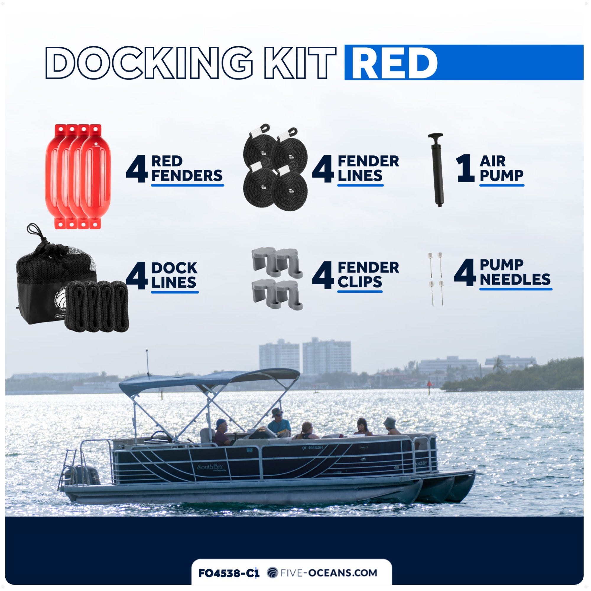 Boat Fenders Complete Set, Red 4.5" x 16", Includes Dock Lines and Fender Clips - FO4538-C1 - Five Oceans