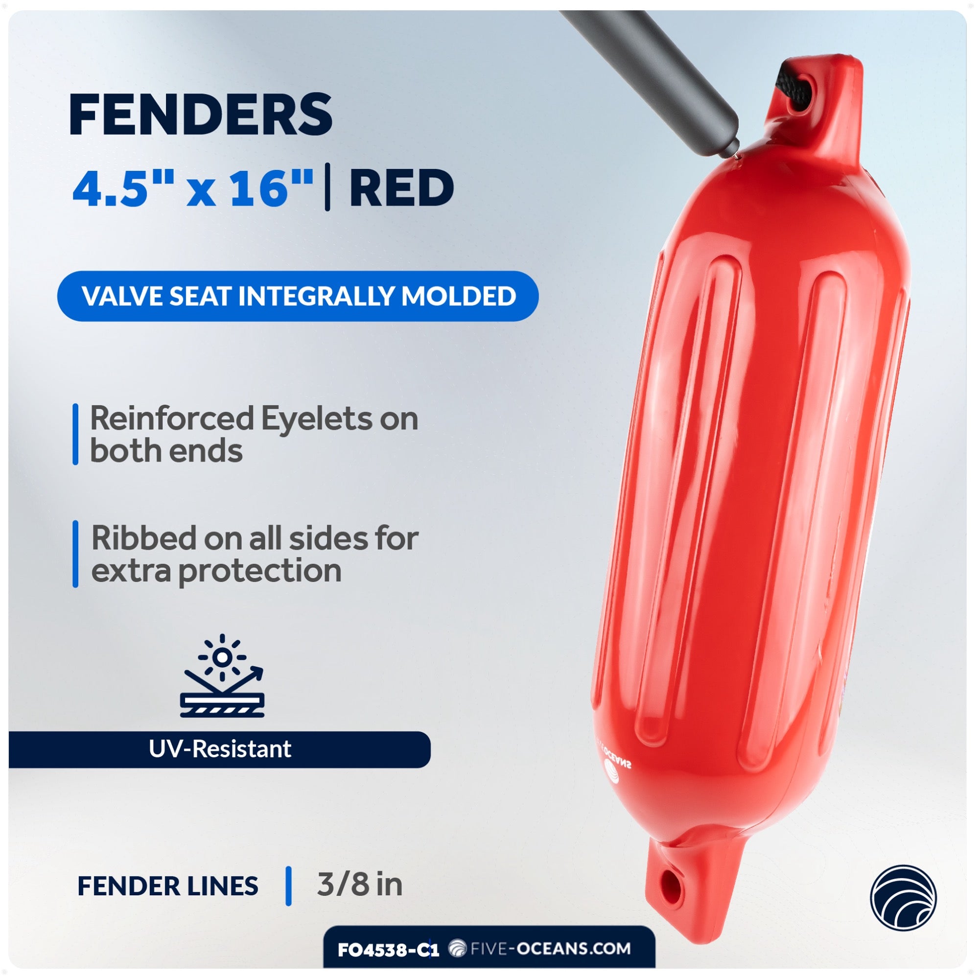 Boat Fenders Complete Set, Red 4.5" x 16", Includes Dock Lines and Fender Clips - FO4538-C1 - Five Oceans