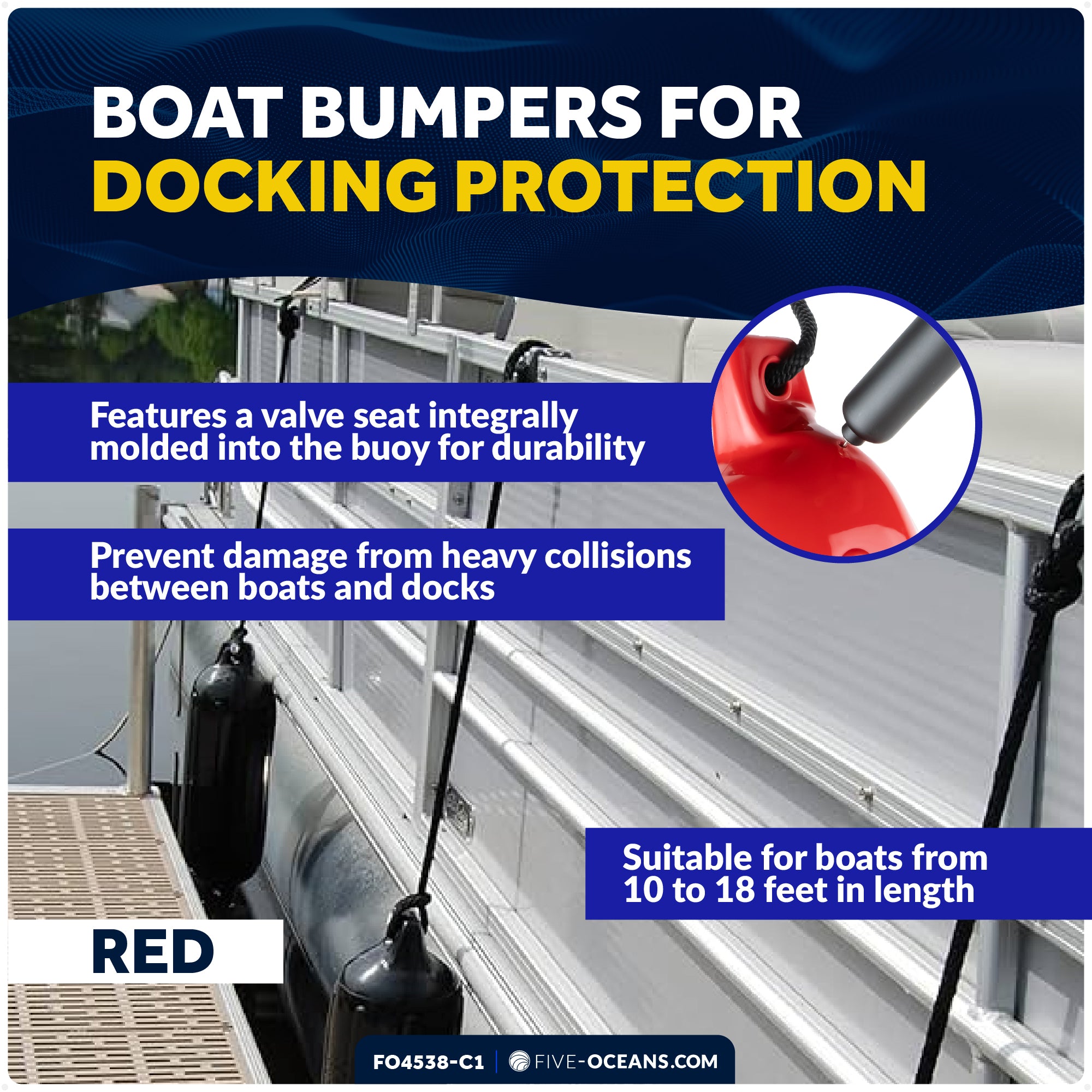 Pontoon Docking Kit - Inflatable Ribbed Fender, Red 4.5" x 16", Dock Lines and Fender Clips - FO4538-C1