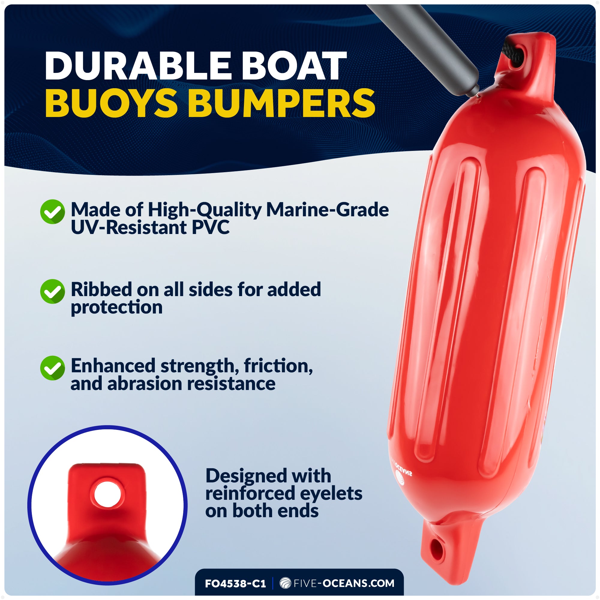 Pontoon Docking Kit - Inflatable Ribbed Fender, Red 4.5" x 16", Dock Lines and Fender Clips - FO4538-C1 - Five Oceans