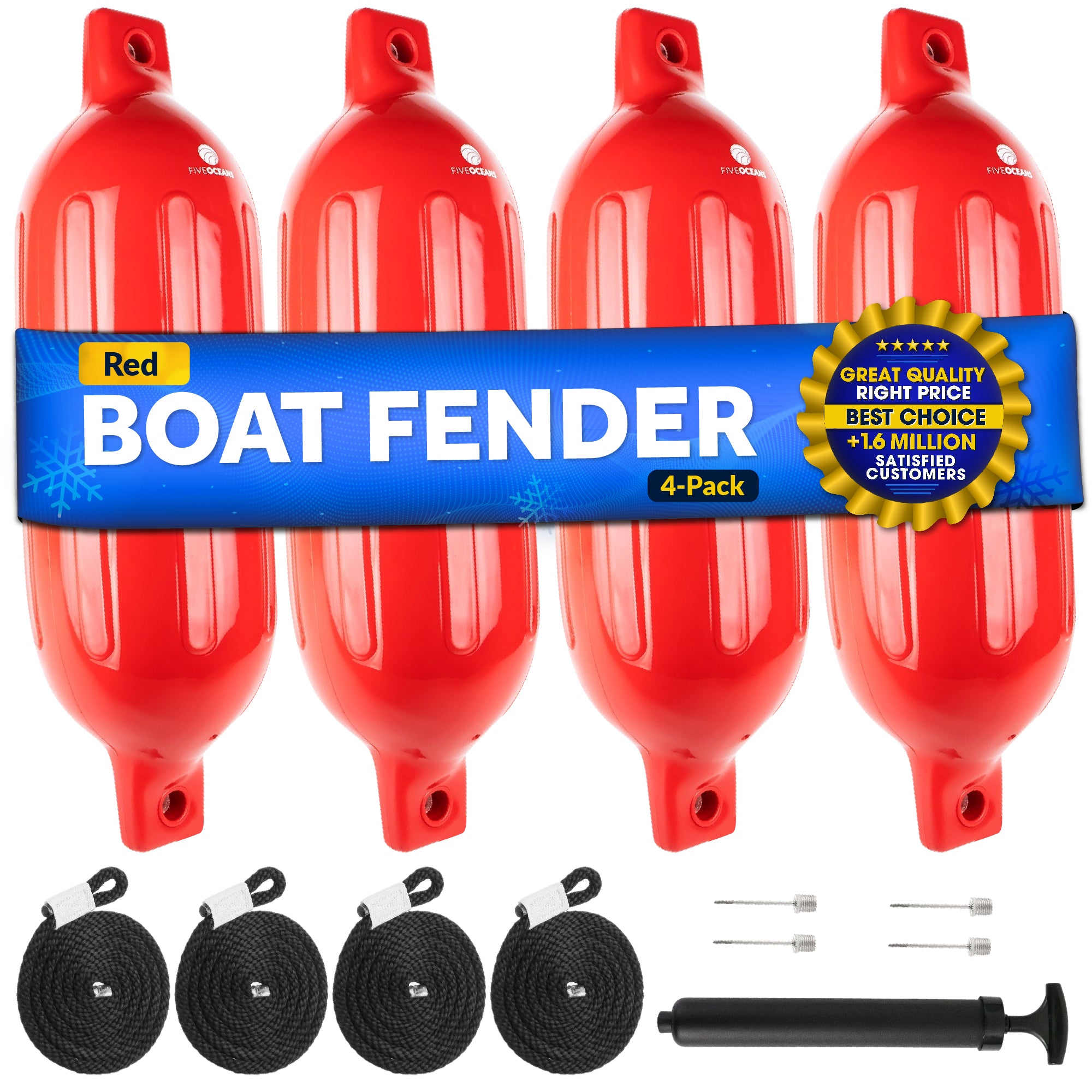 Boat Fenders, 4 Pack Red 4.5" x 16" - FO4538 - Five Oceans