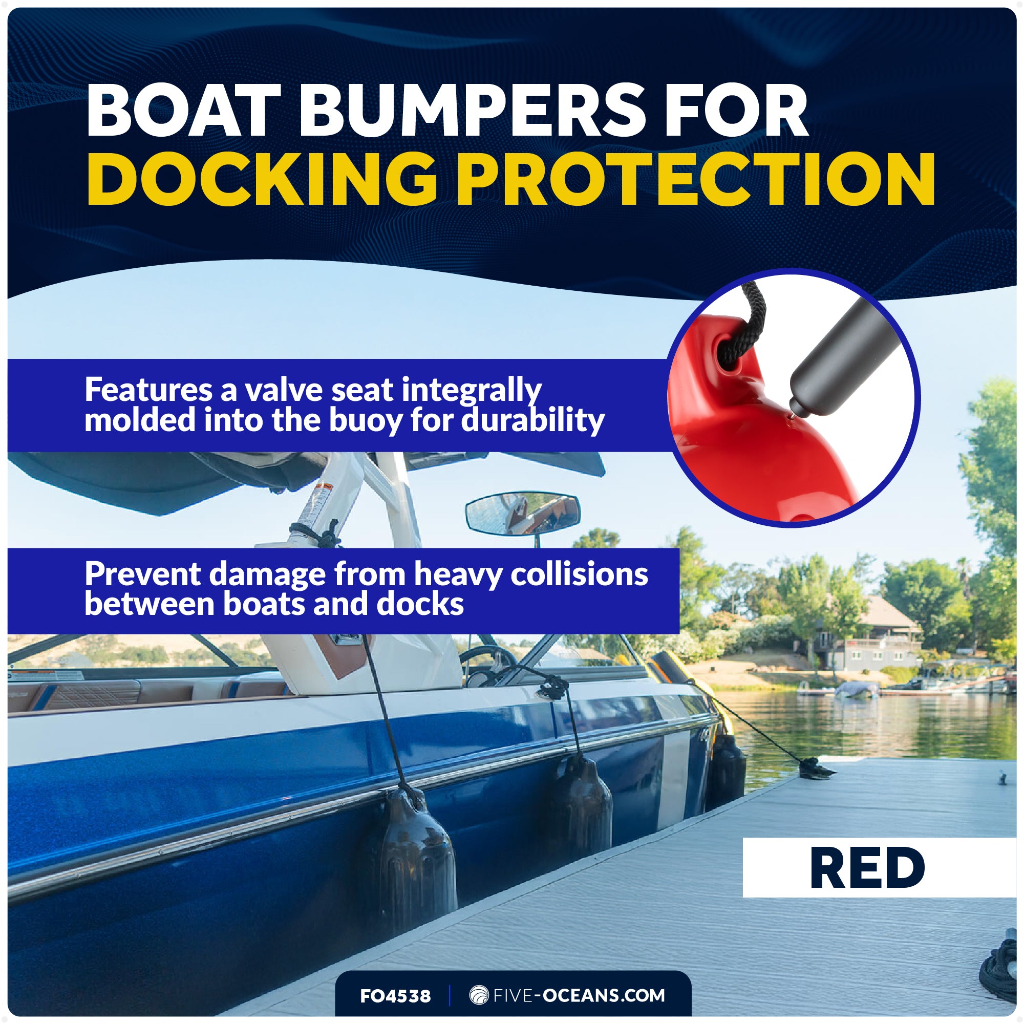 Inflatable Ribbed Boat Fenders - 4 Pack, Red, 4.5" x 16" - FO4538 - Five Oceans