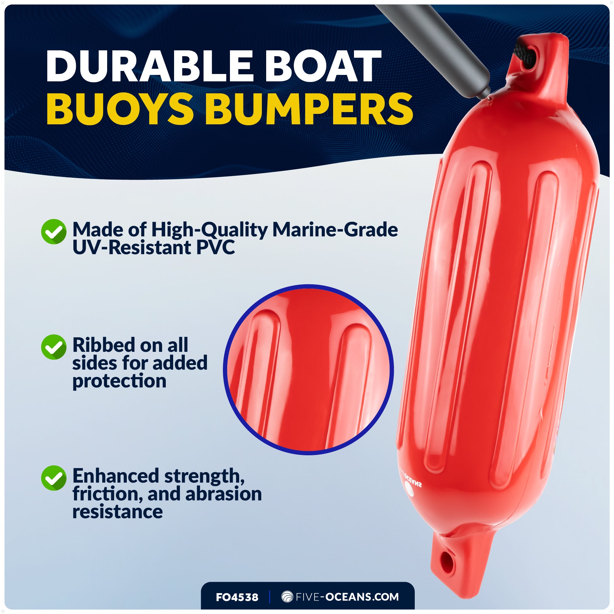 Inflatable Ribbed Boat Fenders - 4 Pack, Red, 4.5" x 16" - FO4538 - Five Oceans