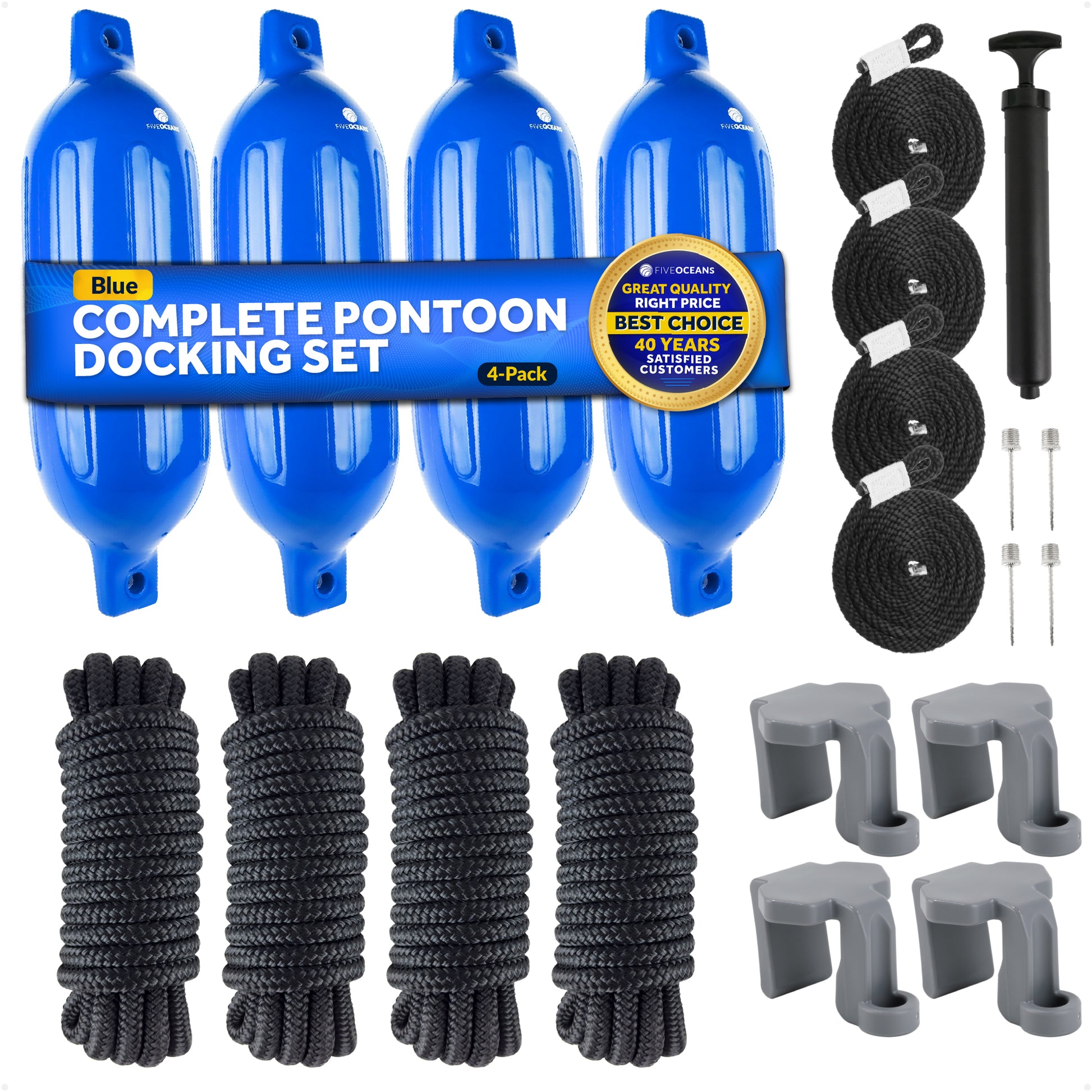 Pontoon Docking Kit - Inflatable Ribbed Fender, Blue 4.5" x 16", Dock Lines and Fender Clips - FO4539-C1 - Five Oceans