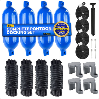 Pontoon Docking Kit - 4.5" x 16" Blue Fenders with Dock Lines & Fender Clips, 4-Pack - FO4539-C1 - Five Oceans