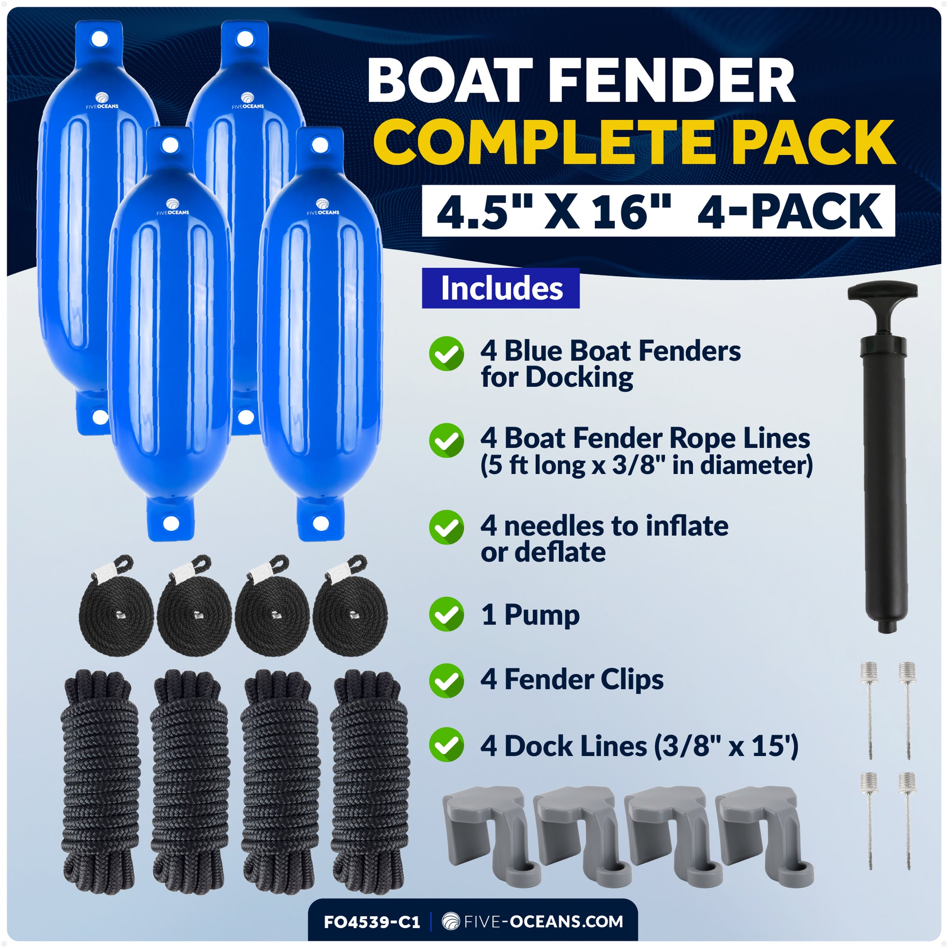 Pontoon Docking Kit - Inflatable Ribbed Fender, Blue 4.5" x 16", Dock Lines and Fender Clips - FO4539-C1 - Five Oceans