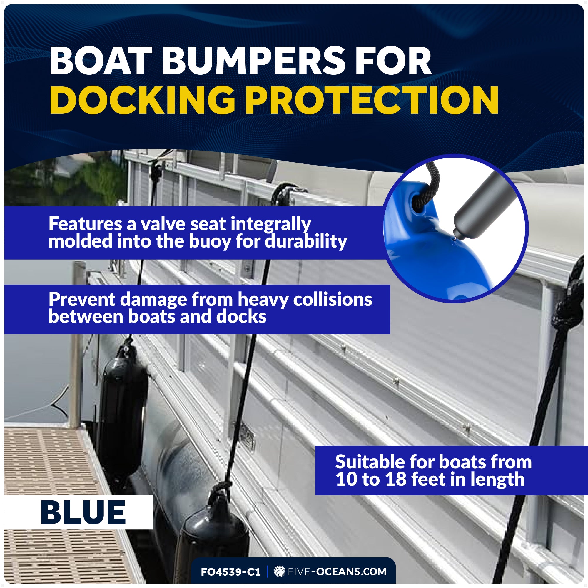Pontoon Docking Kit - Inflatable Ribbed Fender, Blue 4.5" x 16", Dock Lines and Fender Clips - FO4539-C1