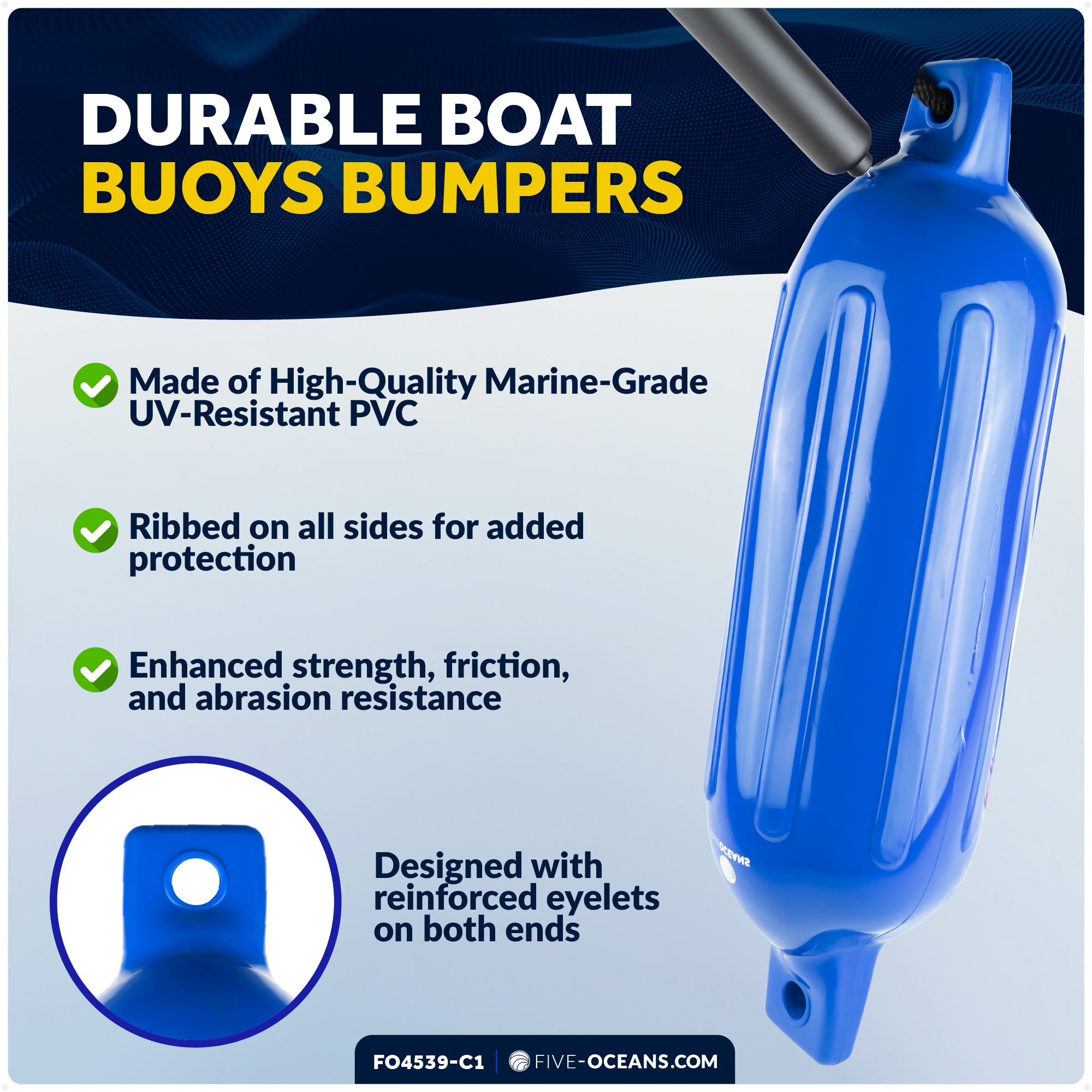 Pontoon Docking Kit - Inflatable Ribbed Fender, Blue 4.5" x 16", Dock Lines and Fender Clips - FO4539-C1 - Five Oceans