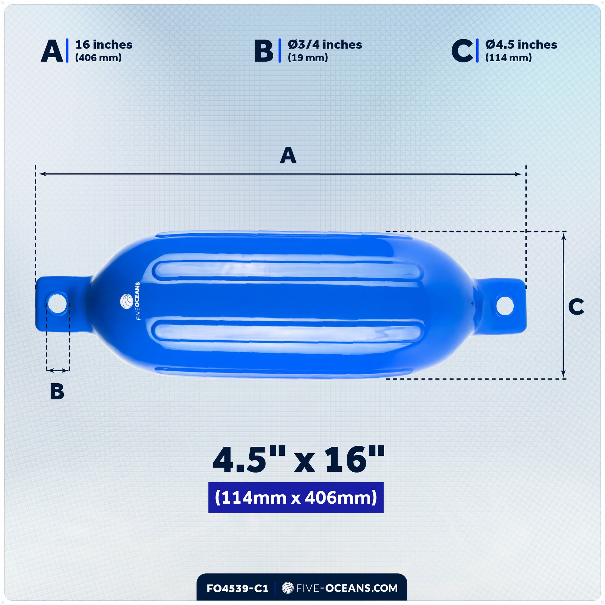 Pontoon Docking Kit - Inflatable Ribbed Fender, Blue 4.5" x 16", Dock Lines and Fender Clips - FO4539-C1 - Five Oceans